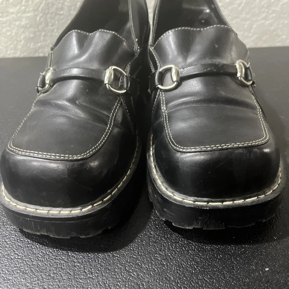Vtg Y2K Black Platform‎ Chunky Heel Loafers Faux Leather Loafer 90s Sz 10.5 Lug - Picture 3 of 8